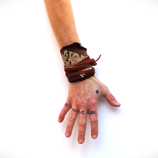 Distressed Brown Dragonskin Leather Wrap Cuff, Leather Strap small cuff, ambidextrous, single minimalist wrap cuff wasteland apocalypse