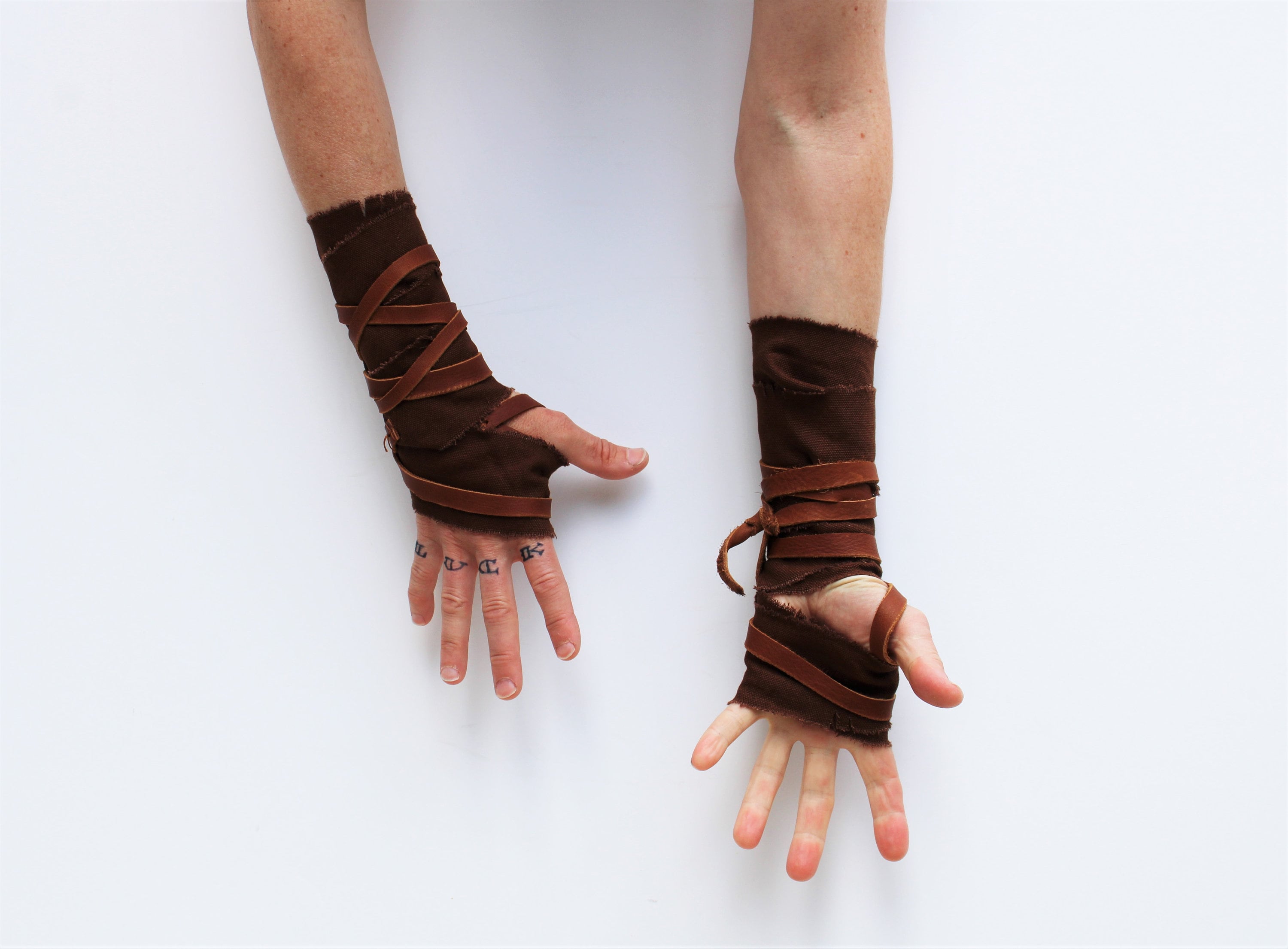 Patterned Hand Wraps Distressed Brown Cotton Hand Wraps, Primitive Leather Fist Wraps, Thumb ...
