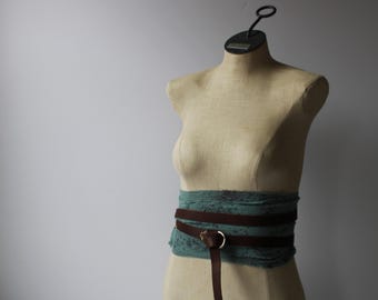 Distressed Leather Ring Belt, Gladiator Cotton Waist Wrap, Viking Pirate Sash
