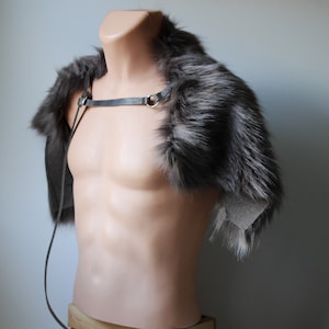 Evening Gray Wolf Faux Fur Shoulder Mantle, Leather Strap, Renaissance Costume image 1