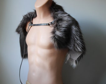 Evening Gray Wolf Faux Fur Shoulder Mantle, Leather Strap, Renaissance Costume