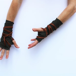 Distressed Cotton Leather Hand Wraps, Primitive Drab Green Fist Wraps, barbarian wasteland gladiator viking medieval shaman wrist wraps