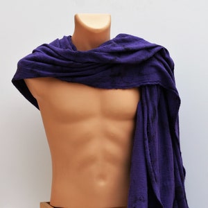 Distressed Praetorian Purple Shoulder Wrap Drape Cowl, Ragged Cotton Lightweight Cloak, wasteland peasant garb, blue+violet splatter dye