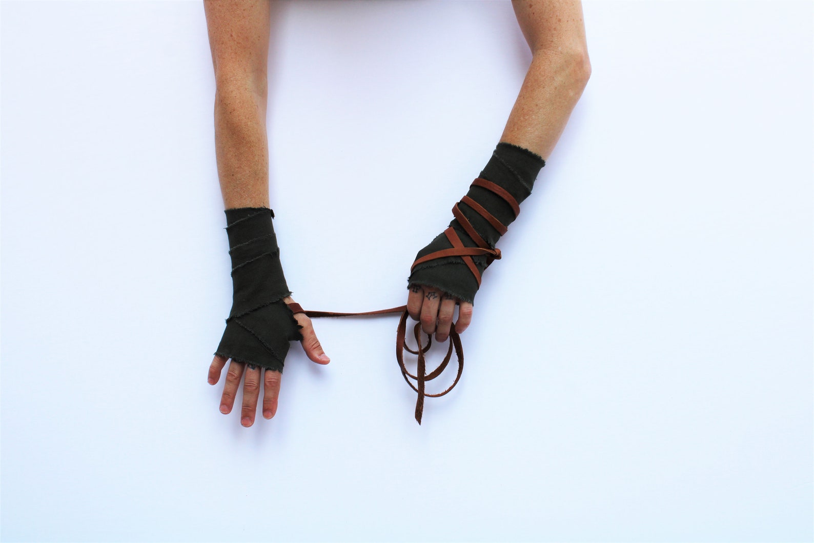 Distressed Cotton Leather Hand Wraps, Primitive Drab Green Fist Wraps