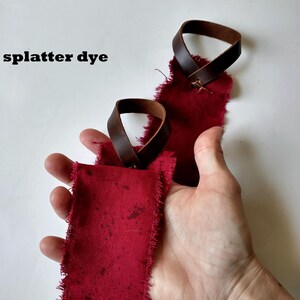 Distressed Oxblood Maroon Heavy Cotton Hand Wraps, Leather Strap Fist Wraps oxblood splatter dye