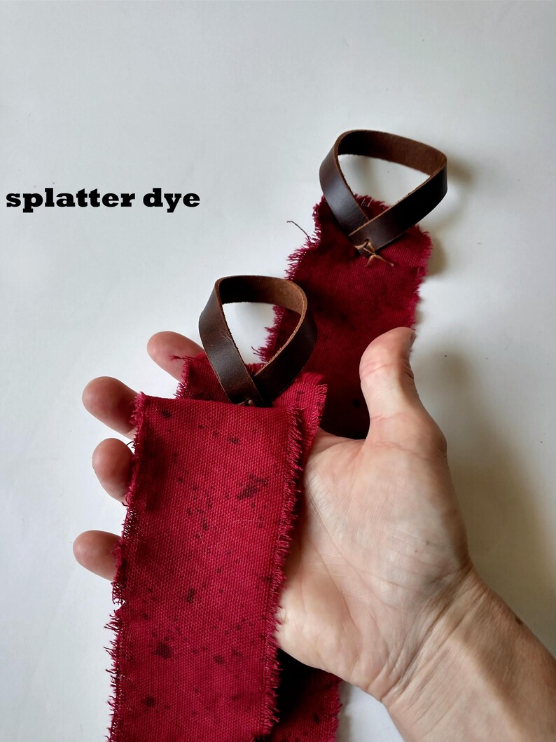 Distressed Oxblood Maroon Heavy Cotton Hand Wraps, Leather Strap Fist Wraps oxblood splatter dye