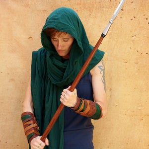 Forest Green Wrap Shawl, Lightweight Rough Cotton Shoulder Scarf, distressed woodsman ranger elven cloak, shemagh wrap hood hunter green