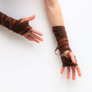 Distressed Brown Cotton Hand Wraps, Primitive Leather Fist Wraps, thumb loop, barbarian wasteland gladiator viking medieval shaman khaleesi