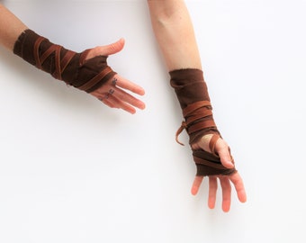 Distressed Brown Cotton Hand Wraps, Primitive Leather Fist Wraps, thumb loop, barbarian wasteland gladiator viking medieval shaman khaleesi