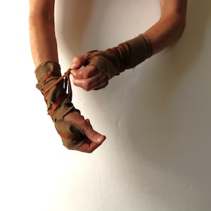 Limited Color: Distressed Tan Cotton Hand Wraps, Primitive Leather Fist Wraps, thumb loop, barbarian wasteland gladiator viking
