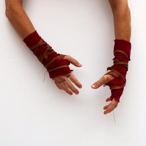 Distressed Hand Wraps, Primitive Oxblood Maroon Cotton Leather Fist Wraps, barbarian wasteland gladiator medieval shaman post apocalyptic
