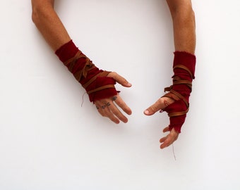 Distressed Hand Wraps, Primitive Oxblood Maroon Cotton Leather Fist Wraps, barbarian wasteland gladiator medieval shaman post apocalyptic