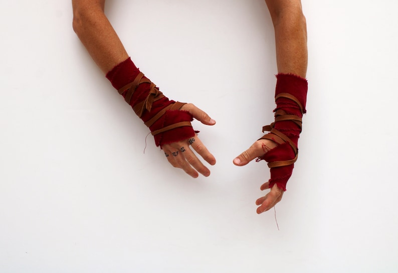 burgundy maroon cotton fist wraps with brown leather straps