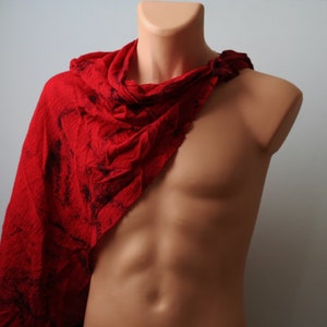 Post Apocalyptic Distressed Scarf, Splatter Red Shoulder Wrap, Ragged Cotton Lightweight Shawl, Moyamensing, Spartan Red Riding Hood