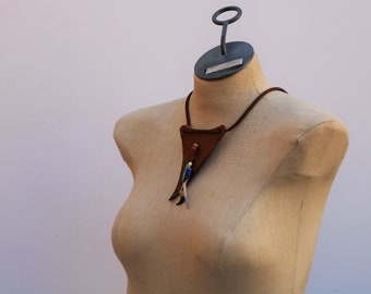 Primitive Distressed Leather Talisman Necklace, Tribal Pendant