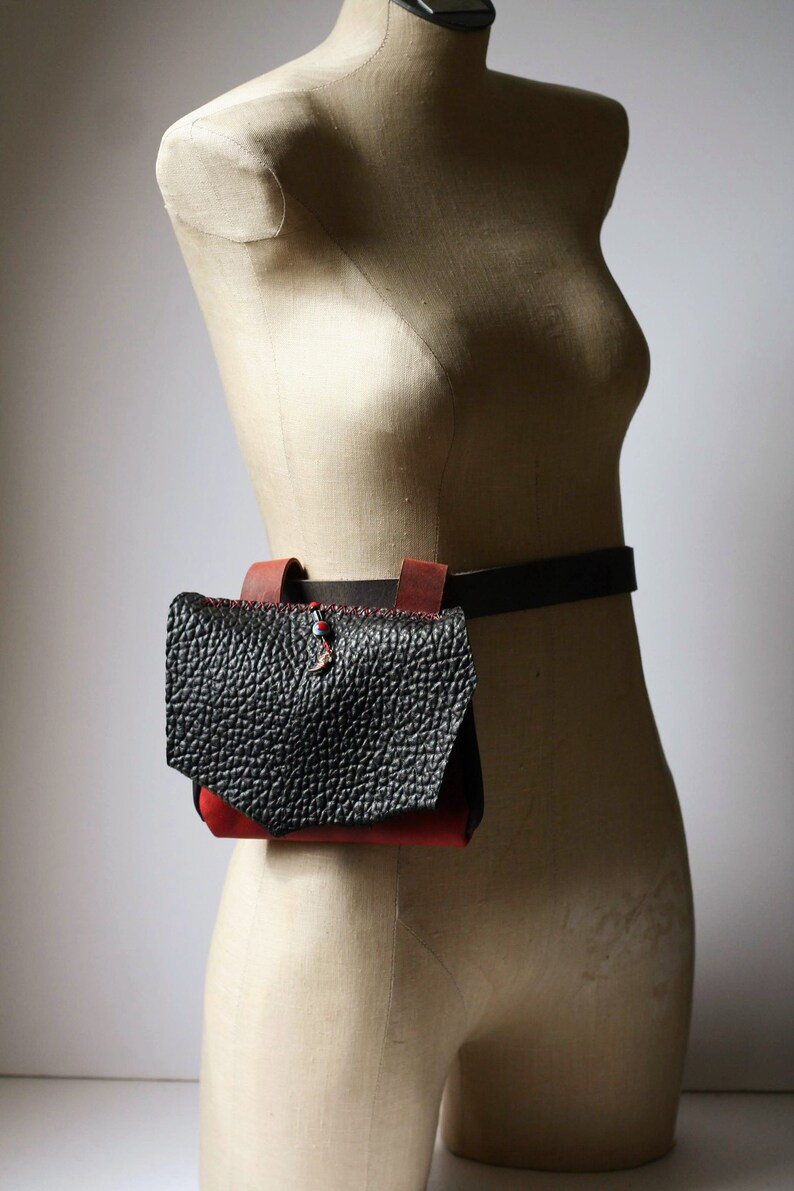 Primitive Distressed Black Red Leather Belt Bag Leather Etsy