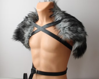 Silver Black Wolf Fur Mantle, Leather Strap Barbarian Fur Collar imitation gray wolf pelt shoulder wrap, medieval renaissance fur pelt