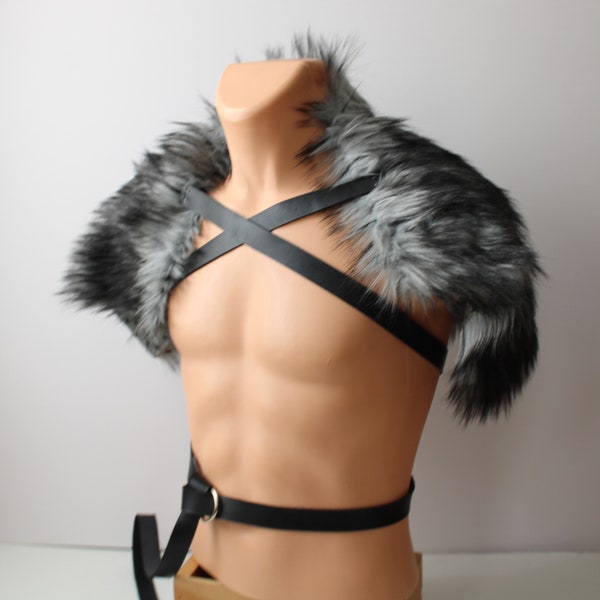 Silver Black Wolf Fur Mantle, Leather Strap Barbarian Fur Collar imitation gray wolf pelt shoulder wrap, medieval renaissance fur pelt