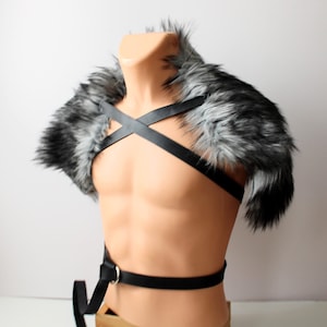 Silver Black Wolf Fur Mantle, Leather Strap Barbarian Fur Collar imitation gray wolf pelt shoulder wrap, medieval renaissance fur pelt