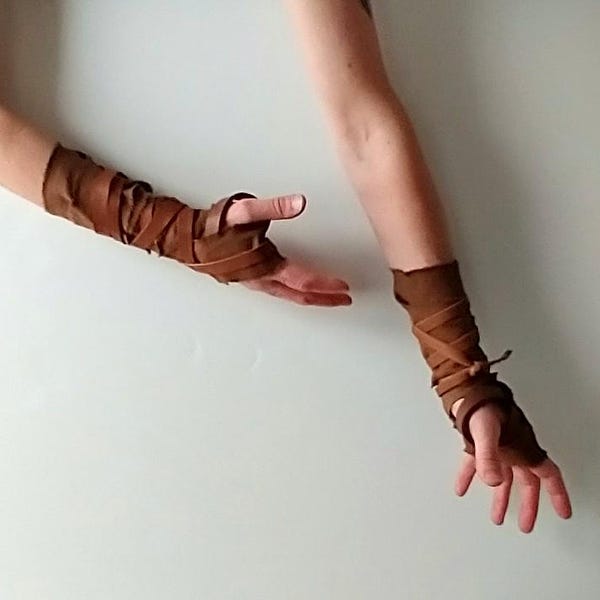 Distressed Brown Heavy Cotton Hand Wraps, Leather Thumb Loop, Gladiator Viking Costume Accessories