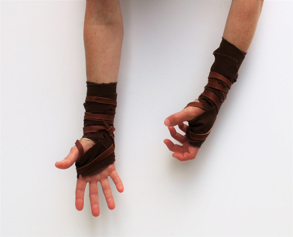Patterned Hand Wraps Distressed Brown Cotton Hand Wraps, Primitive Leather Fist Wraps, Thumb ...