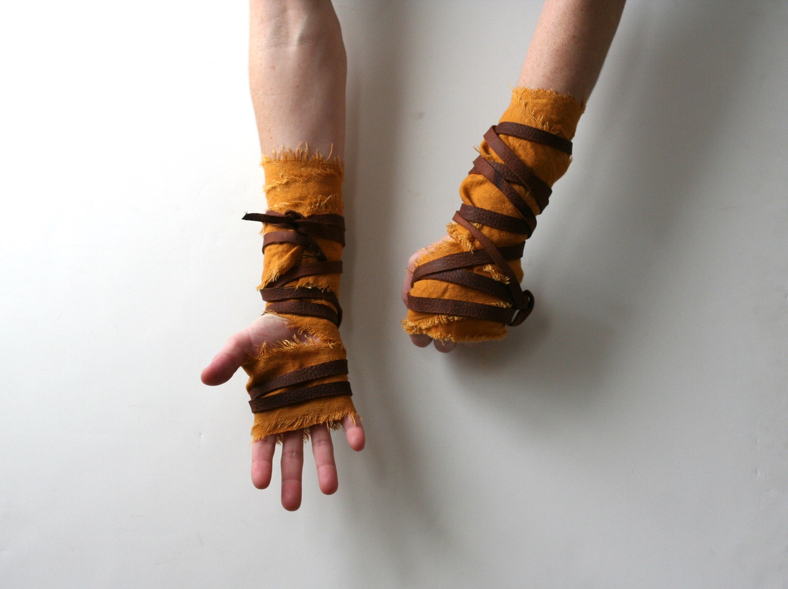 Distressed Linen Leather Hand Wraps Primitive Gold Fist Etsy