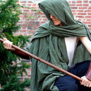 Drab Green Distressed Shawl, Utility Wrap, Wasteland Shemagh, Ragged Cotton Lightweight Scarf Cloak, Post Apocalyptic Drape Hood