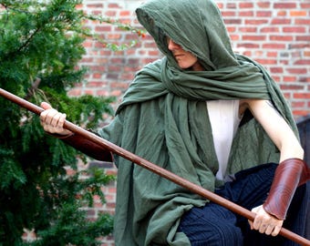 Distressed Drab Green Cotton Shawl, Post Apocalyptic Hooded Scarf