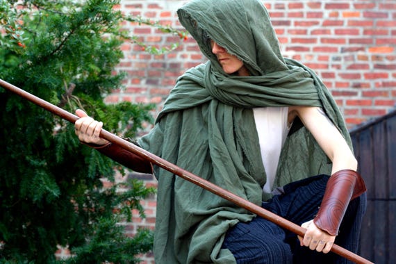 Distressed Drab Green Cotton Shawl, Post Apocalyptic Hooded Scarf