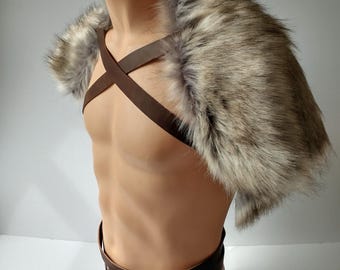 Stonewolf Grey Fur Shoulder Wrap with Leather Chest Straps, Imitation Fur Pelt Mantle, viking wedding costume, Ren Faire faux fur pelt