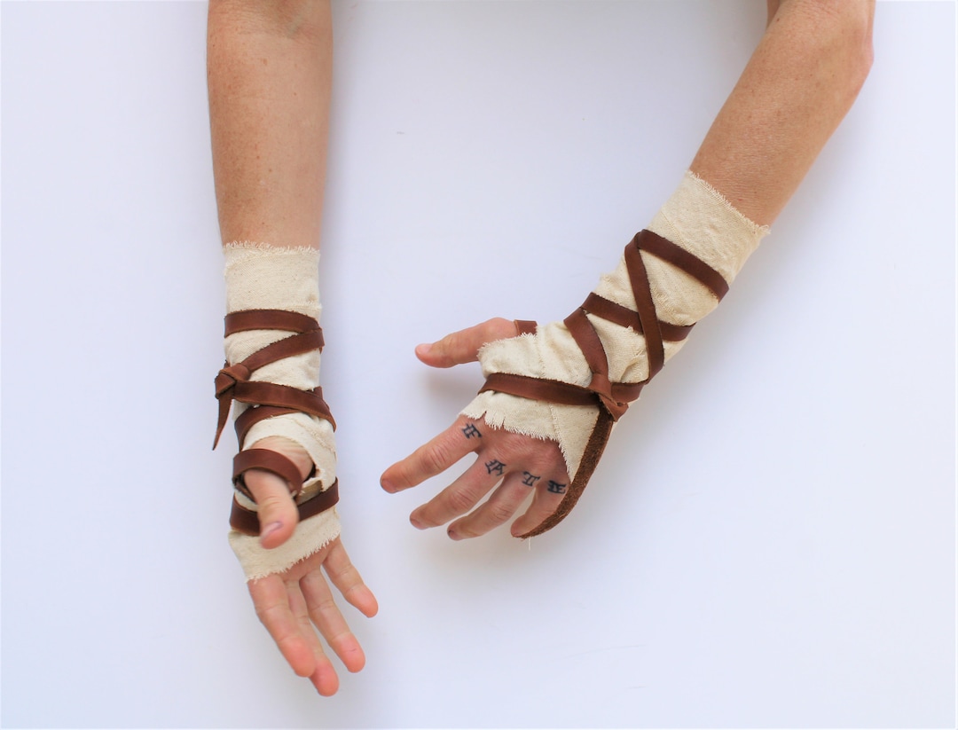 Distressed Undyed Cotton Hand Wraps, Primitive Leather Fist Wraps