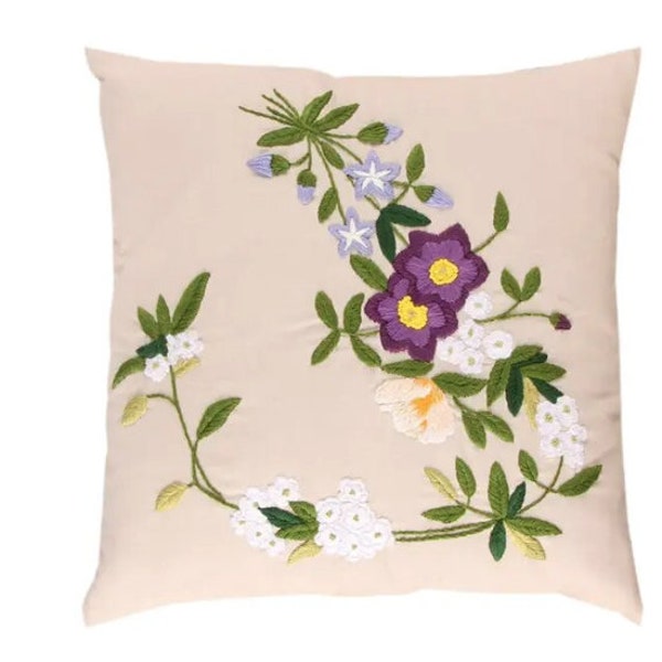 DIY Floral Embroidery Pillow Cover Kit, Beginner Needlework Set, Cushion Cover Embroidery Kit, Cross Stitch for Adults, DIY Home Decor