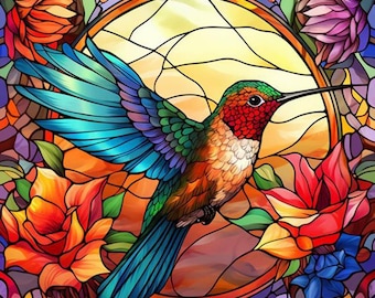 Hummingbird Diamond Painting Kit: 5D DIY Art Craft, Stained Glass Effect