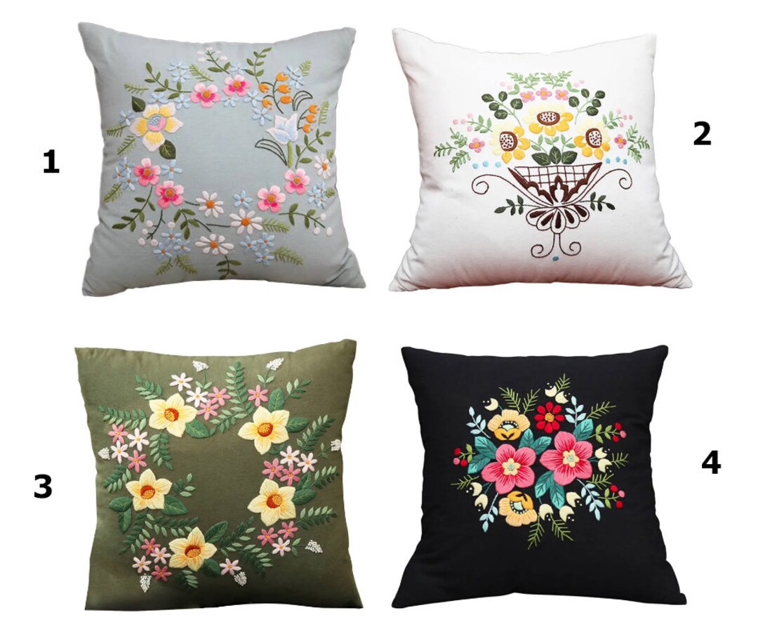 DIY Embroidery Pillow Cover Kit, Beginner Needlework Set, Cushion Cover