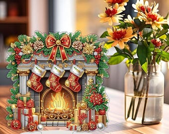 DIY Christmas Fireplace Tabletop Diamond Art Painting Kit，Diamond Painting Kits for Beginners, Adult Double Sided Gem Painting Craft Kit