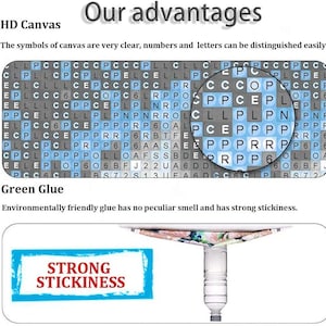 May include: Image detailing product advantages: an HD canvas with clear symbols and green glue with strong stickiness. The text "Our advantages" is at the top, with "STRONG STICKINESS" in a blue box.
