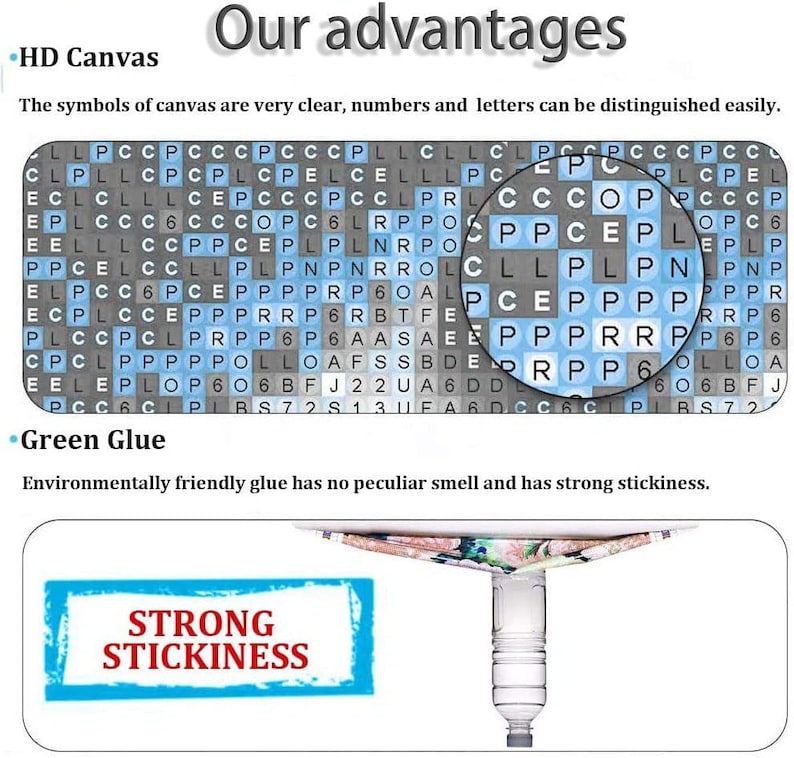 May include: Image detailing product advantages: an HD canvas with clear symbols and green glue with strong stickiness. The text "Our advantages" is at the top, with "STRONG STICKINESS" in a blue box.