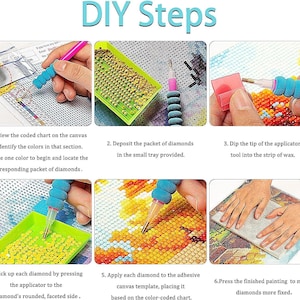 May include: A guide to diamond painting, showing the steps from reviewing the chart to pressing the finished artwork. The image displays tools and materials, including diamonds, trays, and applicators. The text "DIY Steps" is at the top.