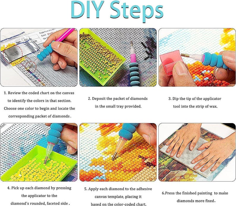 May include: A guide to diamond painting, showing the steps from reviewing the chart to pressing the finished artwork. The image displays tools and materials, including diamonds, trays, and applicators. The text "DIY Steps" is at the top.