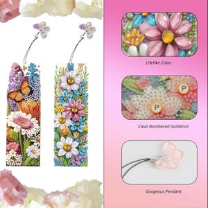 May include: Two colorful floral bookmarks with a butterfly design. Each bookmark has a clear plastic butterfly charm attached to the top. The bookmarks are made with colorful beads and have a clear numbered guidance for placement. A clear plastic butterfly pendant is also included.