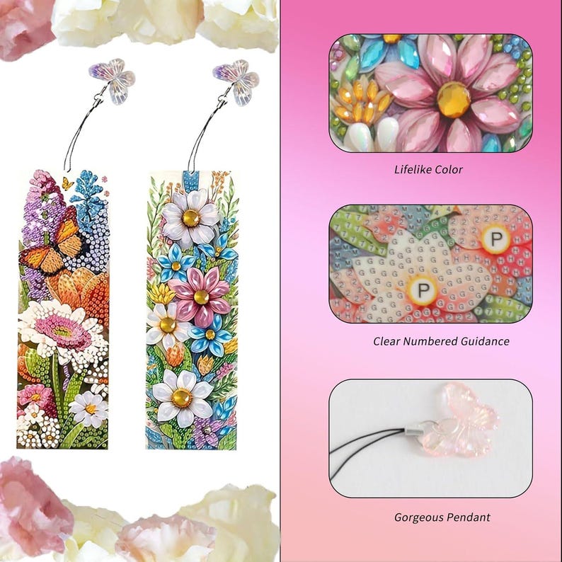 May include: Two colorful floral bookmarks with a butterfly design. Each bookmark has a clear plastic butterfly charm attached to the top. The bookmarks are made with colorful beads and have a clear numbered guidance for placement. A clear plastic butterfly pendant is also included.