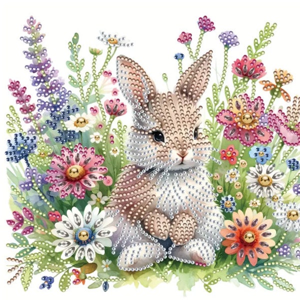 Easter Diamond Painting Kit, Bunny & Flowers 5D DIY Diamond Art Set For Beginners and Adults, Spring Diamond Wall Painting, Home Decor, Gift