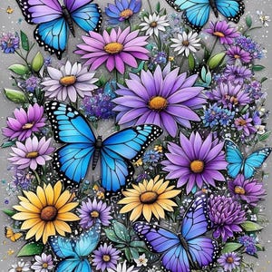May include: A colourful illustration of butterflies and flowers. The image shows several butterflies with blue and purple wings, surrounded by purple, yellow, and white flowers. The background is a soft grey, creating a whimsical and colourful scene.