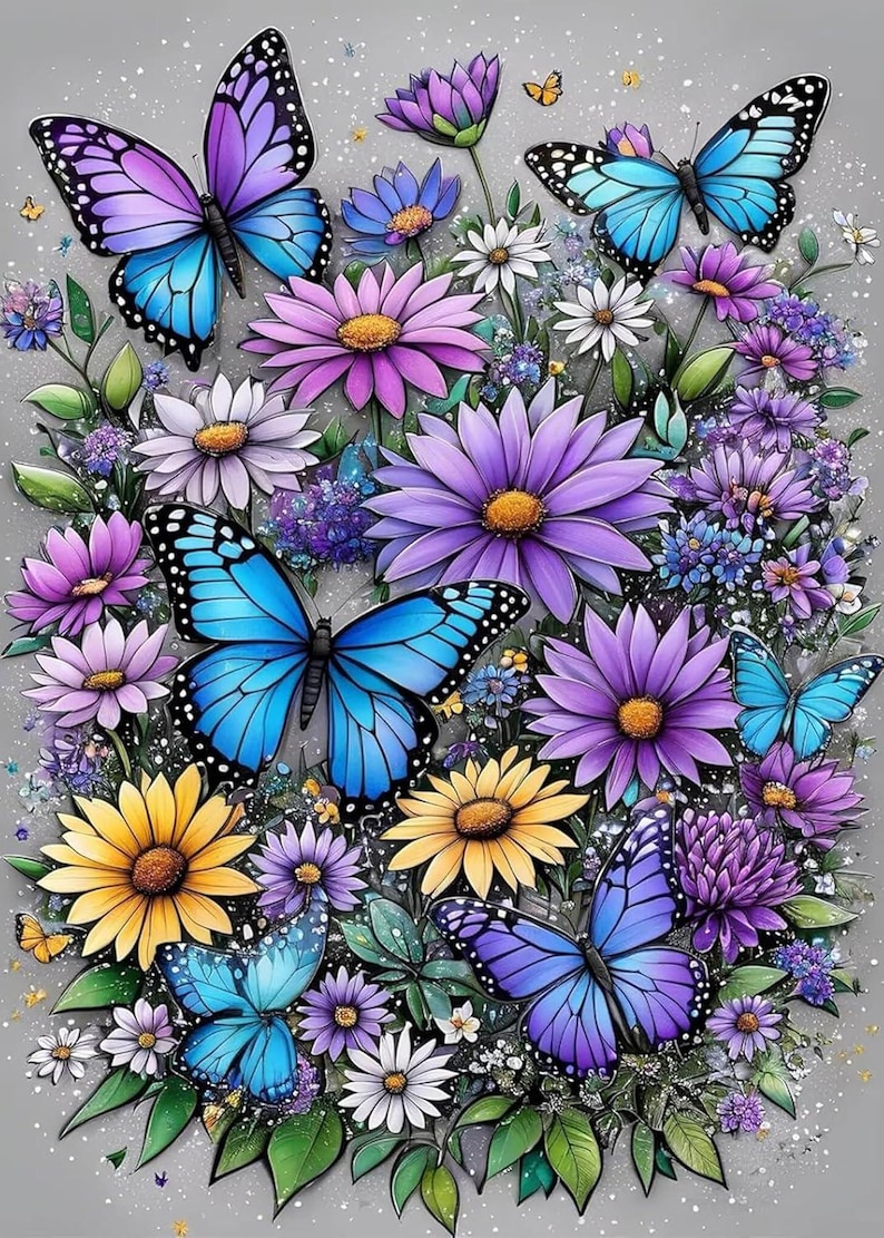 May include: A colourful illustration of butterflies and flowers. The image shows several butterflies with blue and purple wings, surrounded by purple, yellow, and white flowers. The background is a soft grey, creating a whimsical and colourful scene.