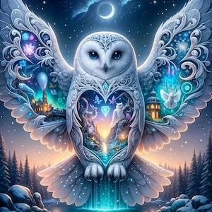 May include: A white owl with intricate blue and silver details on its wings. The owl's body is filled with a heart-shaped design that contains a magical forest scene with a flowing stream and a crescent moon in the sky.