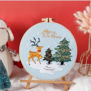 Christmas Embroidery Kit: Reindeer Scene, Beginner DIY Decor