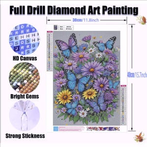May include: A diamond art painting with a floral design, including blue butterflies and flowers in purple, yellow, and white. The canvas size is 30cm x 40cm.