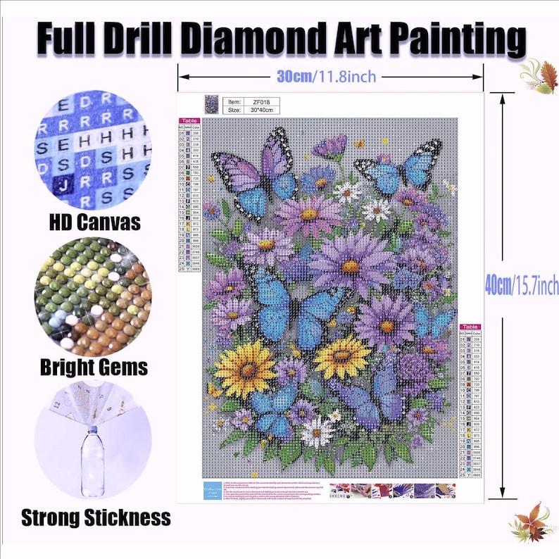 May include: A diamond art painting with a floral design, including blue butterflies and flowers in purple, yellow, and white. The canvas size is 30cm x 40cm.
