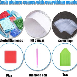May include: Image of a diamond painting kit's contents. Features colourful diamonds, an HD canvas, small bags, wax, a pink diamond pen, and a green tray. The text at the top says "Each picture comes with everything needed."