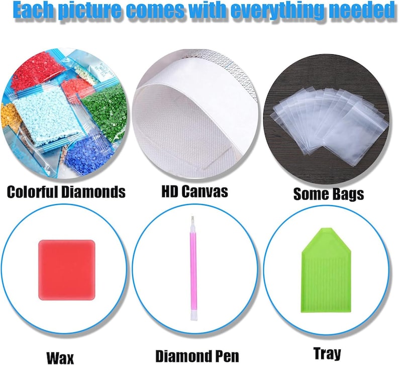 May include: Image of a diamond painting kit's contents. Features colourful diamonds, an HD canvas, small bags, wax, a pink diamond pen, and a green tray. The text at the top says "Each picture comes with everything needed."